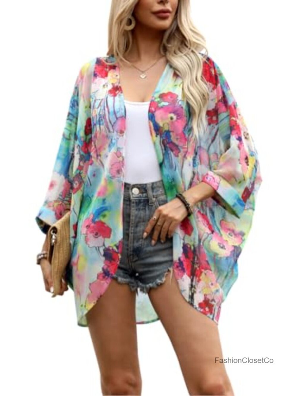 Sheer Chiffon Floral Print Bat Sleeve Open Front Kimono Cardigan Cape Cover Up